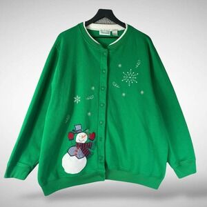 Shenanigans Green Snowman Vintage Snowflake Button Front Cardigan Sweatshirt 3X